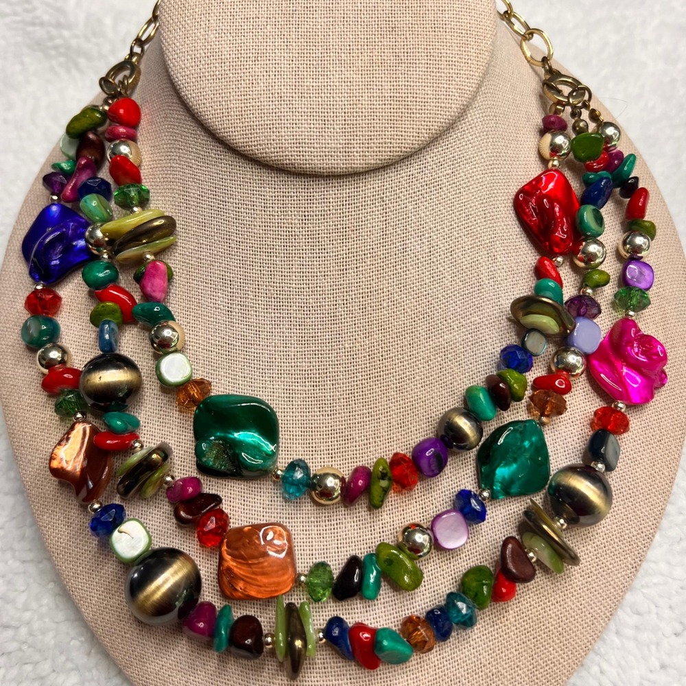 Colorful Shell Beaded Necklace 3 Strand‎ Gold Tone Chain Statement Jewelry Women